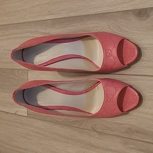 Gucci GG Monogram Peep Toe Heels in Salmon
